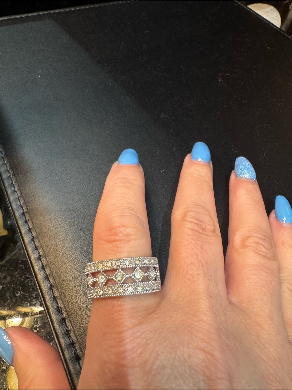 Premier Designs Silver Openwork Pavé Band Ring with Blue Accents
